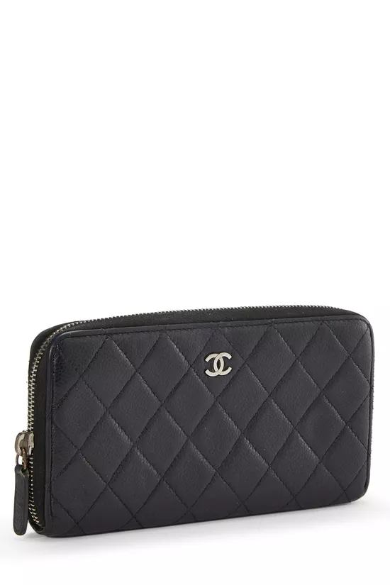 Black Quilted Caviar Zip Around Wallet, , large image number 1