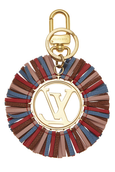 Gold & Multicolored 'LV' Fringed Leather Bag Charm, , large