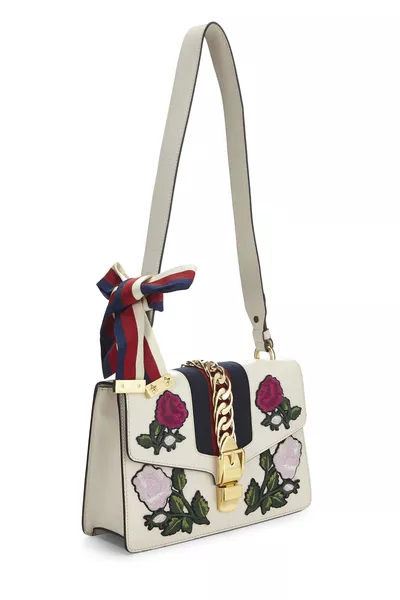 White Leather Embroidered Sylvie Shoulder Bag Small, , large