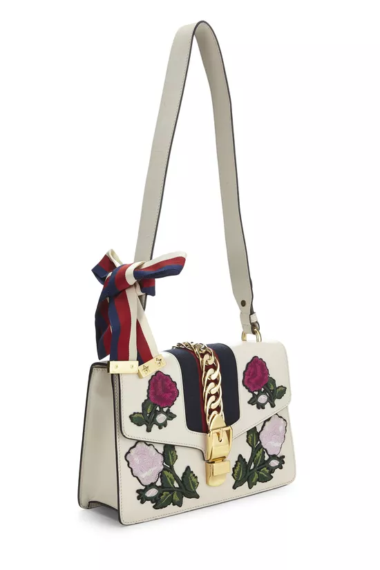 White Leather Embroidered Sylvie Shoulder Bag Small, , large image number 1