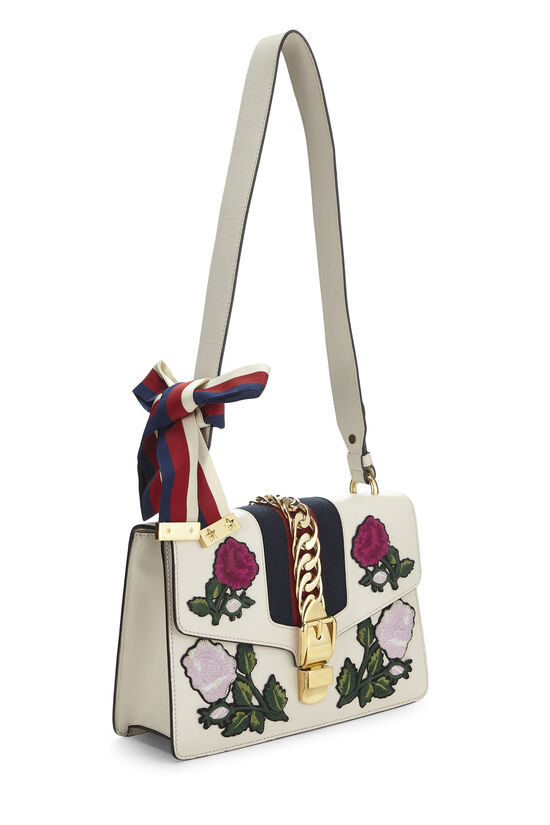 White Leather Embroidered Sylvie Shoulder Bag Small, , large image number 1