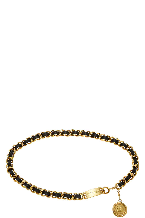 Gold & Black Leather Chain Belt, , large image number 1