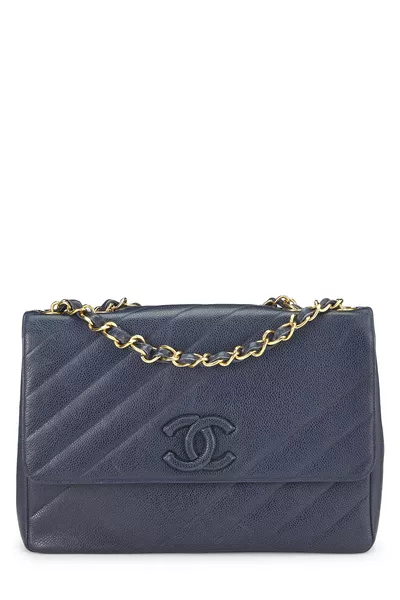 Navy Caviar Diagonal Quilted Shoulder Bag Jumbo