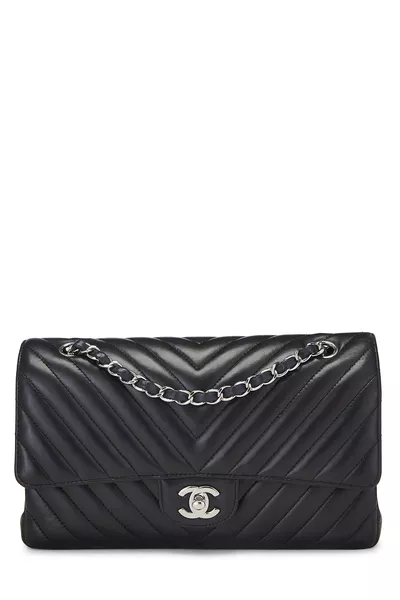 Black Chevron Lambskin Classic Double Flap Medium