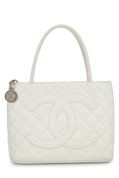 White Quilted Caviar Medallion Tote