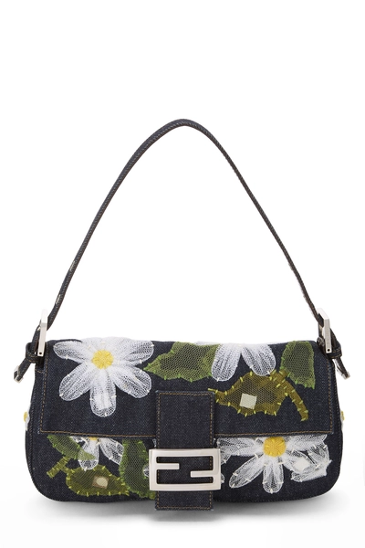Navy Denim Embroidered Floral Appliqu&eacute; Baguette