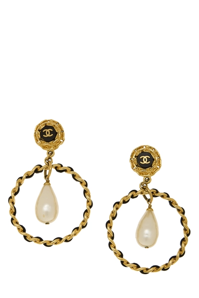 Gold Faux Pearl Hoop 'CC' Dangle Earrings