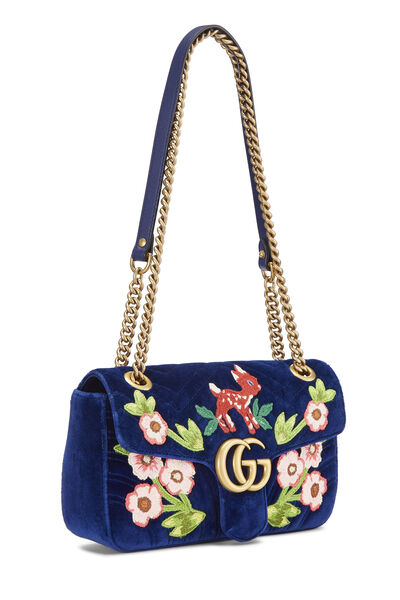 Blue Embroidered Velvet GG Marmont Shoulder Bag Small, , large