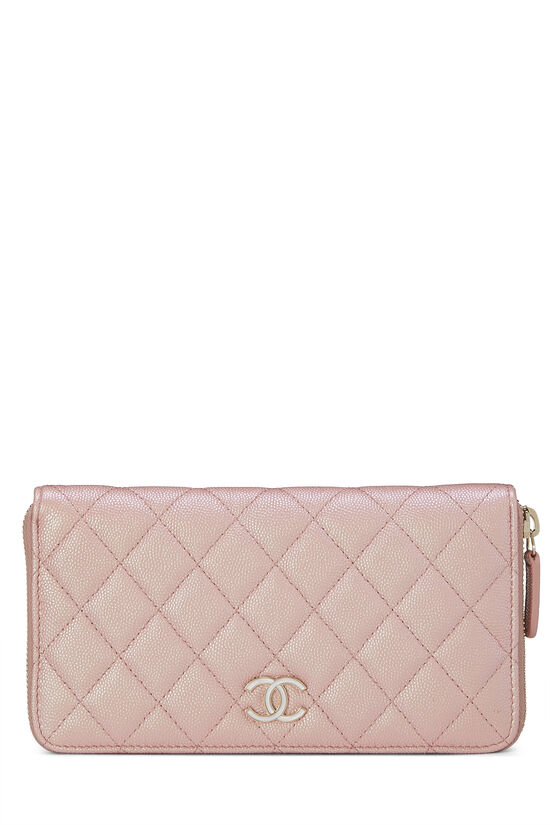 Iridescent Pink Quilted Caviar Zip Wallet, , large image number 0