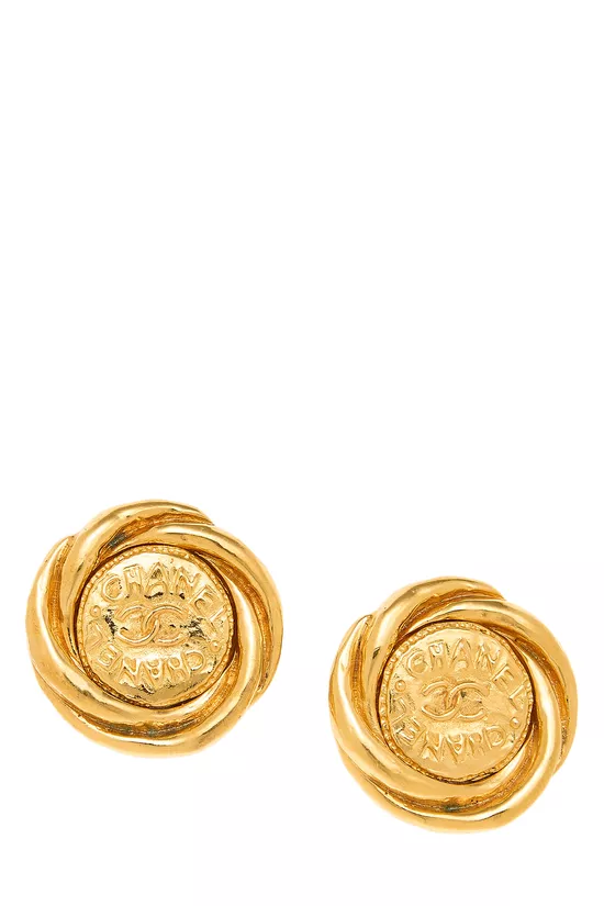Gold 'CC' Button Earrings, , large image number 0
