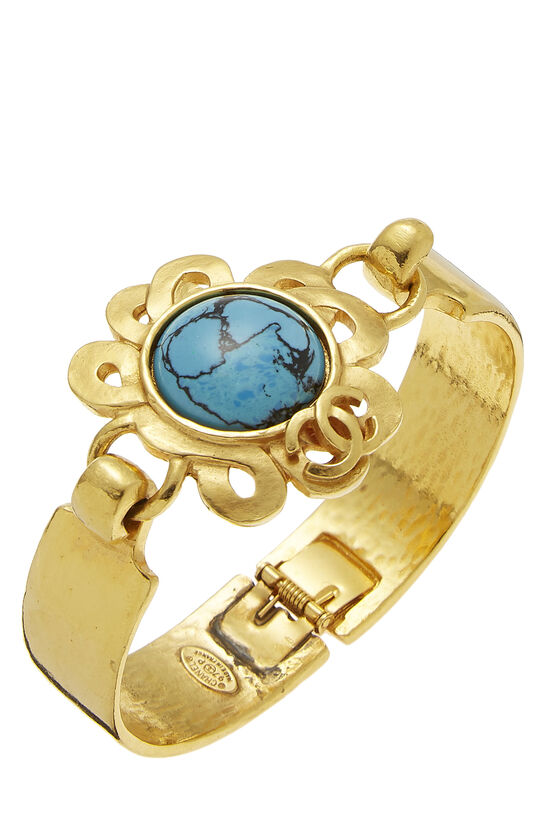 Gold & Turquoise 'CC' Hinged Cuff, , large image number 0