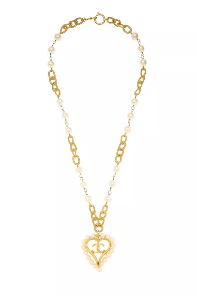 Gold 'CC' Faux Pearl Heart Necklace