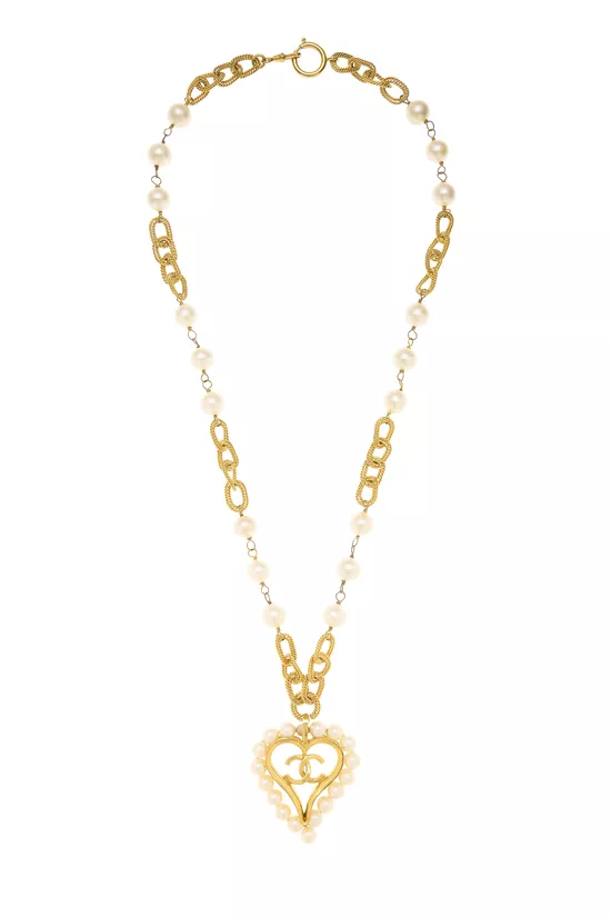 Gold 'CC' Faux Pearl Heart Necklace, , large image number 0