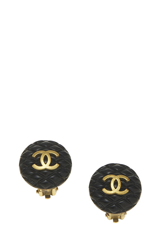 Black Quilted 'CC' Round Earrings, , large image number 0