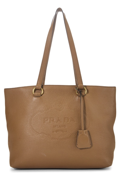 Prada Brown Vitello Daino Embossed Logo Tote