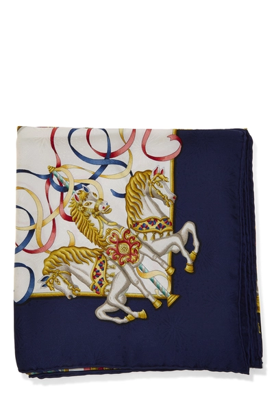 Navy & Multicolor 'Luna Park' Silk Scarf 90, , large