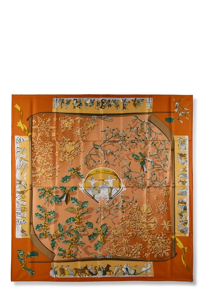 Orange & Multicolor 'Neige d'Antan' Silk Scarf 90