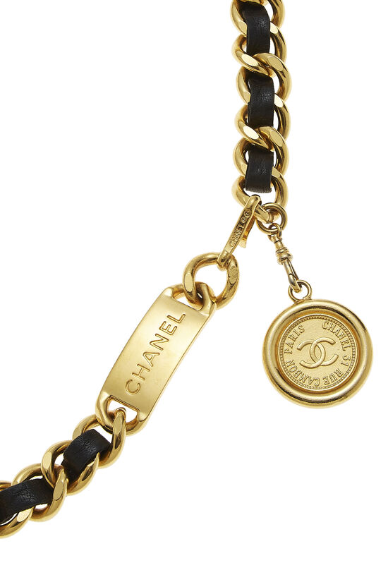 Gold & Black Leather 'CC' Medallion Chain Belt, , large image number 2
