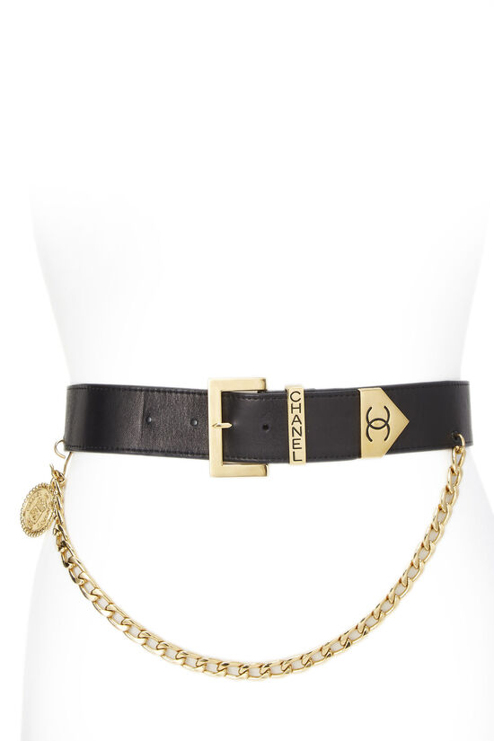 Black Leather & Gold Draped Chain Waist Belt 75