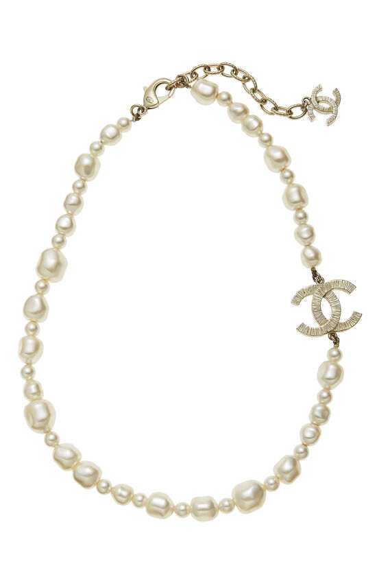 Gold & White Faux Pearl 'CC' Necklace, , large image number 0