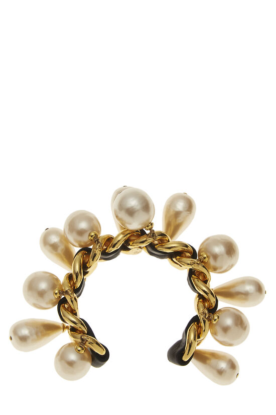 Gold & Black Leather Faux Pearl Dangle Bracelet, , large image number 0