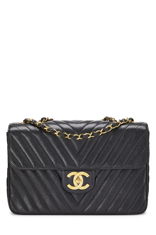 Chanel Vintage Classic Single Flap Bag Quilted Caviar Jumbo Black