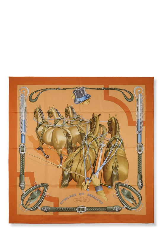 Orange & Multicolor 'Attelage en Arbalete' Silk Scarf 90, , large image number 0