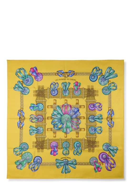 Yellow & Multicolor 'Les Rubans du Cheval' Silk Scarf 90, , large image number 0