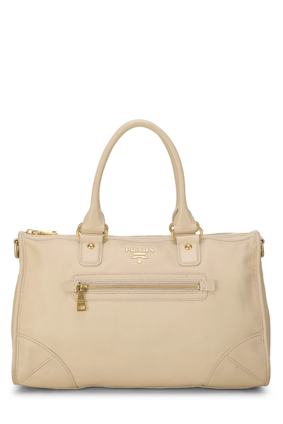 Prada Beige Vitello Daino Convertible Zip Handbag Medium