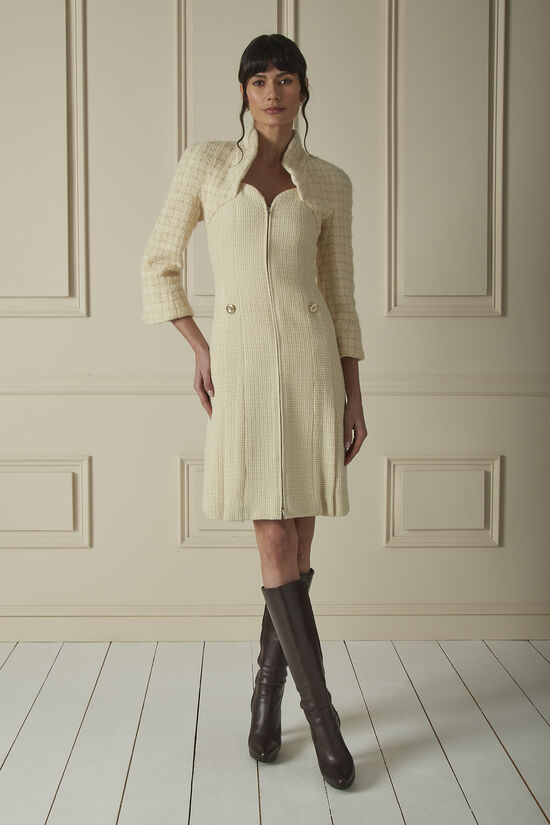 Cream & Gold Wool Tweed Pleated Dress, , large image number 0