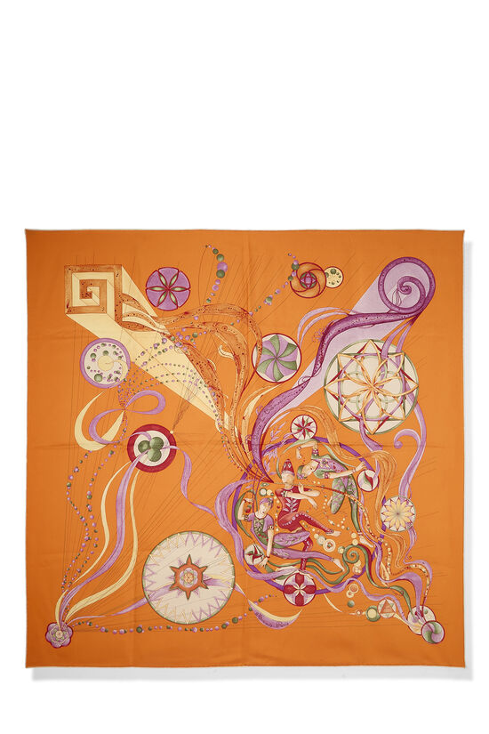 Orange & Multicolor 'Feux du Ciel' Silk Scarf 90, , large image number 0