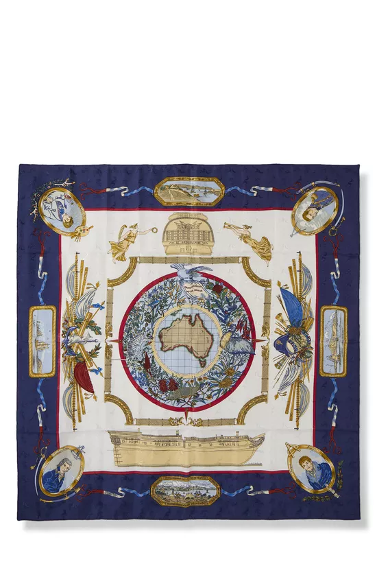 Blue & Multicolor 'Orbis Austrailis Dulce Exuviae' Silk Scarf 90, , large image number 0