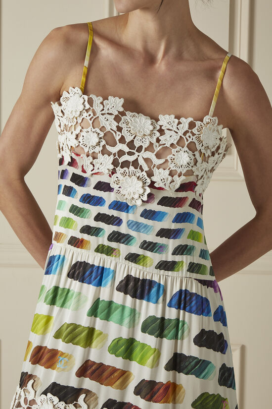 Chanel White & Multicolor Paint Printed Silk Lace Dress 60CHW-186