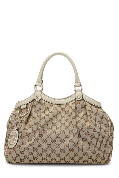 GUCCI Diana mini leather-trimmed crystal-embellished canvas-jacquard tote