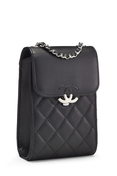 Black Quilted Lambskin Chain Phone Clutch, , large