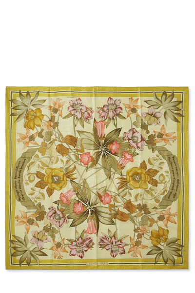 Yellow & Multicolor 'Fleurs d'Hellande' Silk Scarf 90