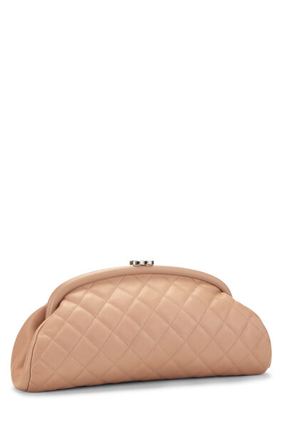 Beige Quilted Lambskin Kiss Lock Clutch, , large