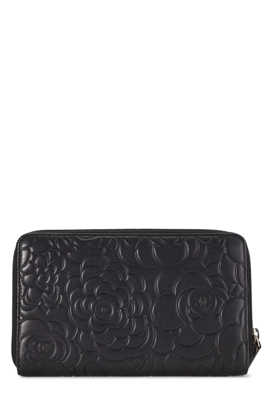 Black Embossed Lambskin Leather Camellia Zip Around Wallet Long, , large image number 2