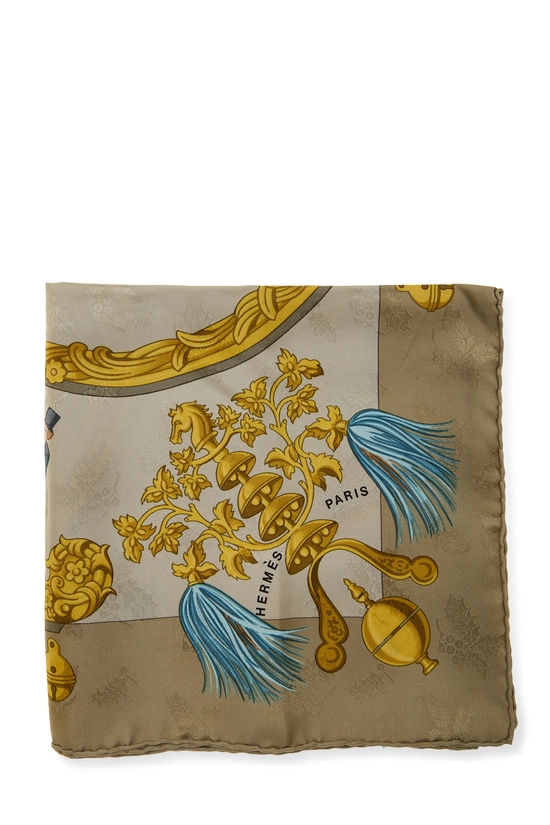 Beige & Multicolor 'Plumes et Grelots' Silk Scarf 90, , large image number 1