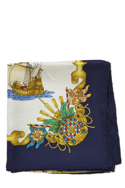 Navy & Multicolor 'Voiles de Lumiere' Silk Scarf 90, , large