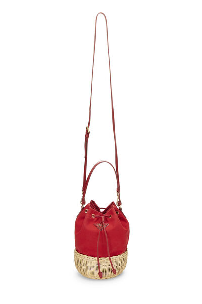Red Canvas & Wicker Convertible Bucket Bag, , large