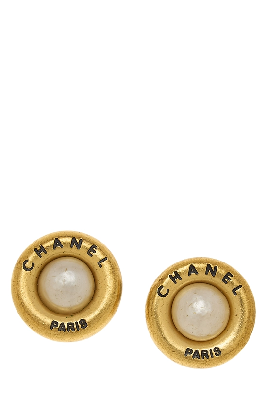 Gold Faux Pearl Button Earrings, , large image number 0