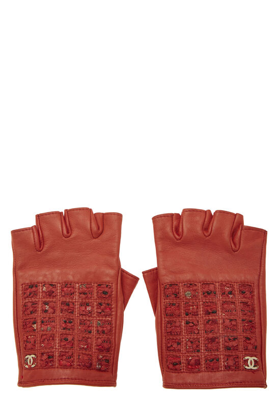 Red Lambskin & Tweed Fingerless Gloves, , large image number 0