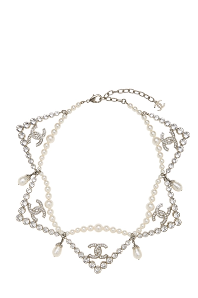 Silver Faux Pearl & Crystal 'CC' Necklace