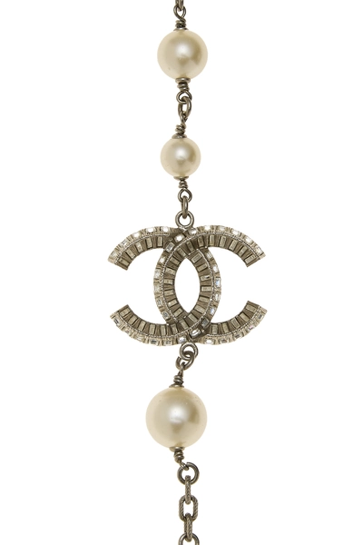 Silver Faux Pearl & Crystal 'CC' Necklace XL, , large