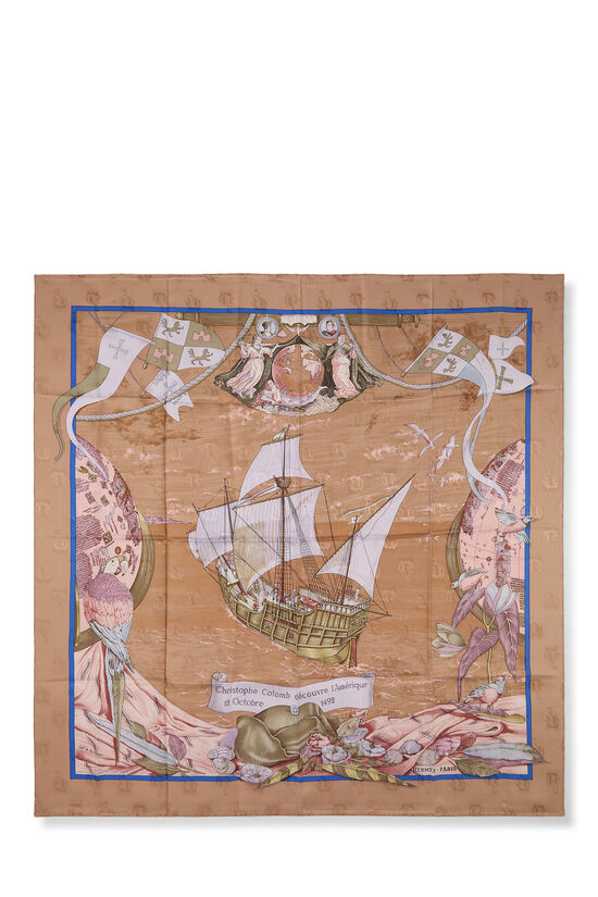Pink & Multicolor 'Christophe Colomb D&eacute;couvre L&rsquo;Amerique' Silk Scarf 90, , large image number 0