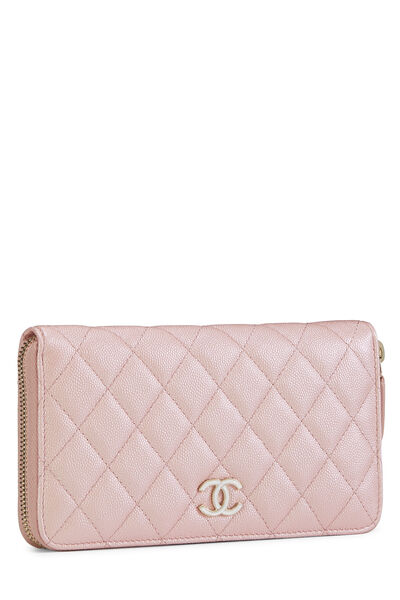 Iridescent Pink Quilted Caviar Zip Wallet, , large