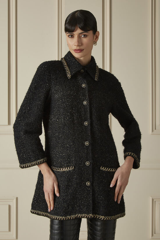 Black Wool Blend Tweed Chain Trim Coat