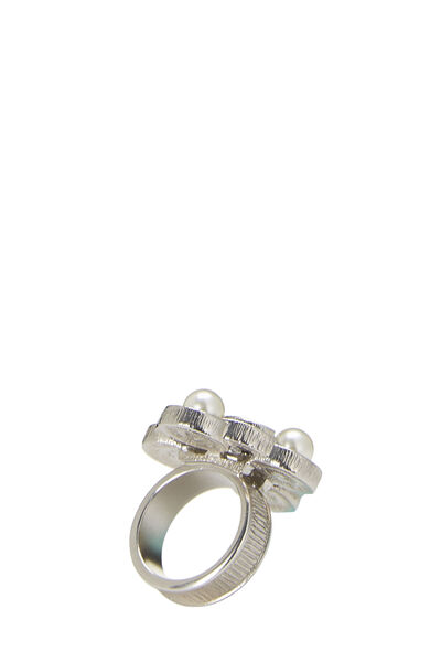 Silver Crystal & Faux Pearl 'CC' Ring, , large