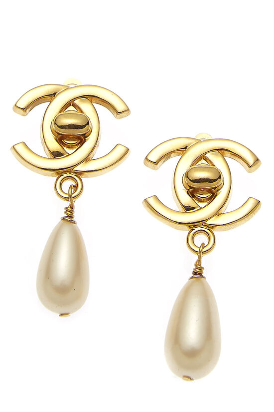 Gold & Faux Pearl 'CC' Turnlock Dangle Earrings, , large image number 0